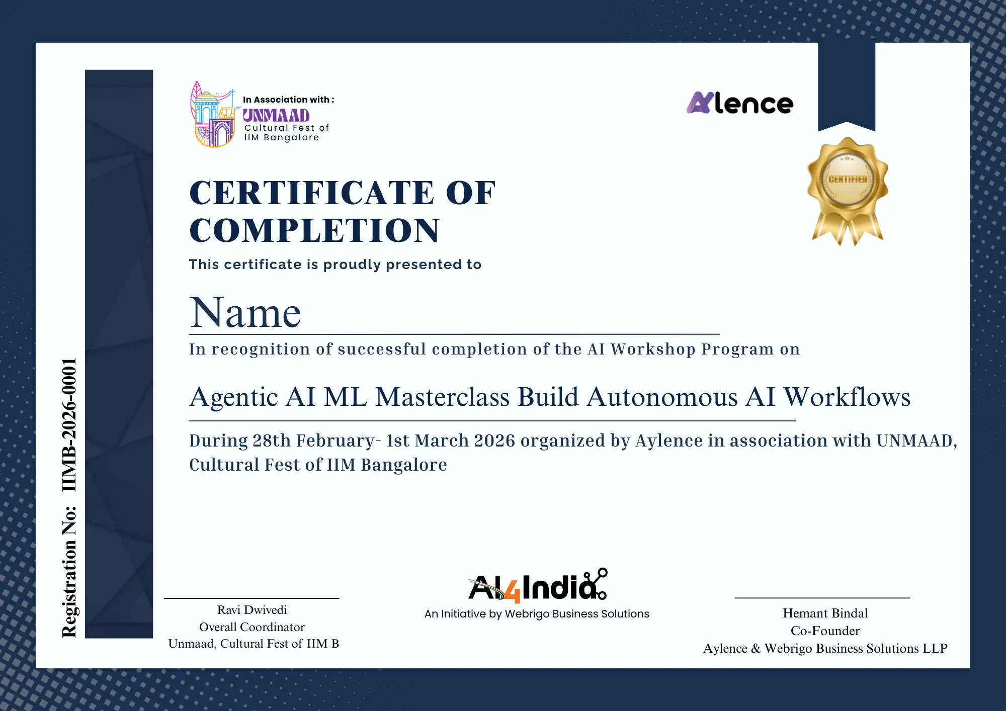 Certificate Template for Workshop Series at IIM Bangalore Campus