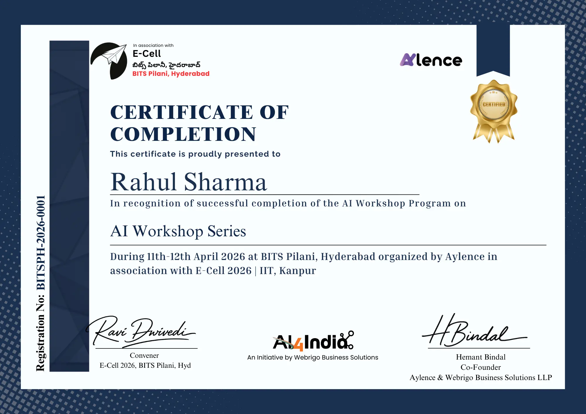 Certificate for Participation in the AI Workshop Series at BITS Pilani Hyderabad